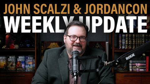 Brandon Sanderson with the words John Scalzi, JordanCon, and the Weekly Update