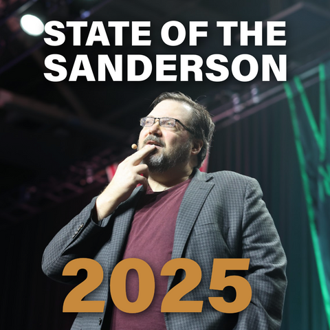 Brandon Sanderson with a contemplative expression. 