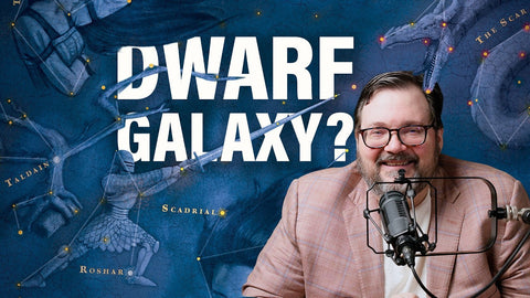 Brandon Sanderson smiling with the words "Dwarf Galaxy" and a map of Cosmere constellations