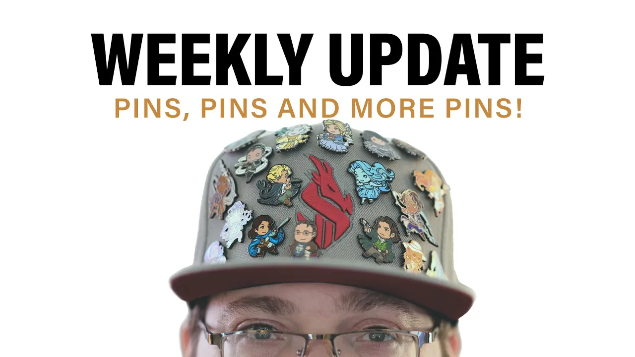Brandon Sanderson's Weekly update image with the Dragonsteel bookstore pins attached.